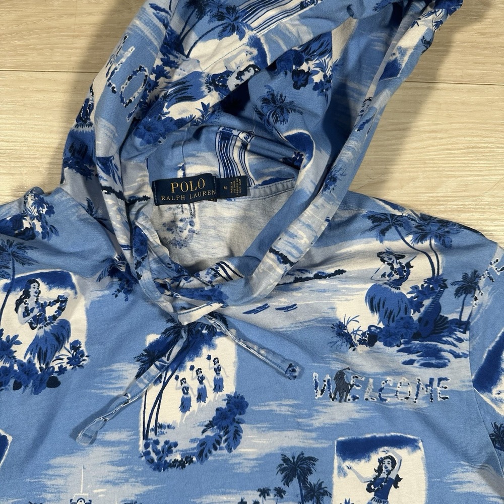 Polo‎ Ralph Lauren Shirt Mens Medium Blue Hooded Aloha Hawaii Floral Vacation - Picture 4 of 7